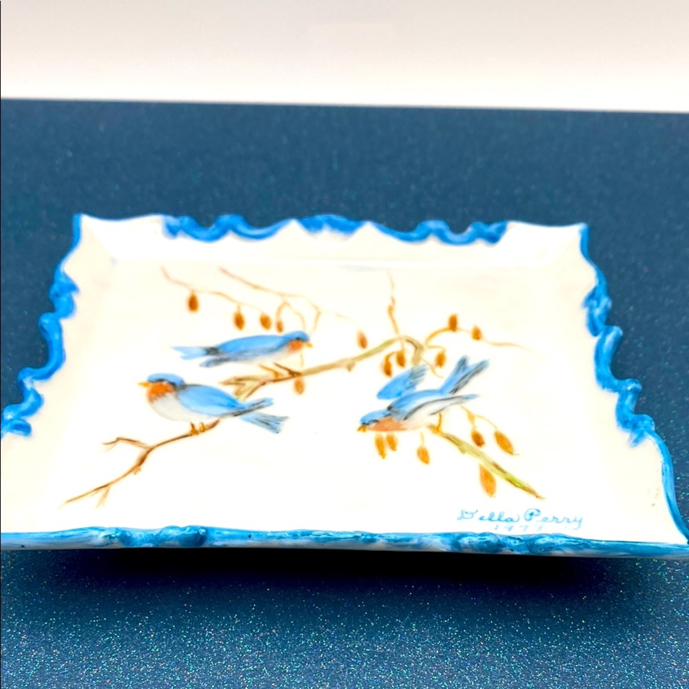 Vintage Hand Painted Rectangle Porcelain Dish Artist Signed Blue Birds On Branch
